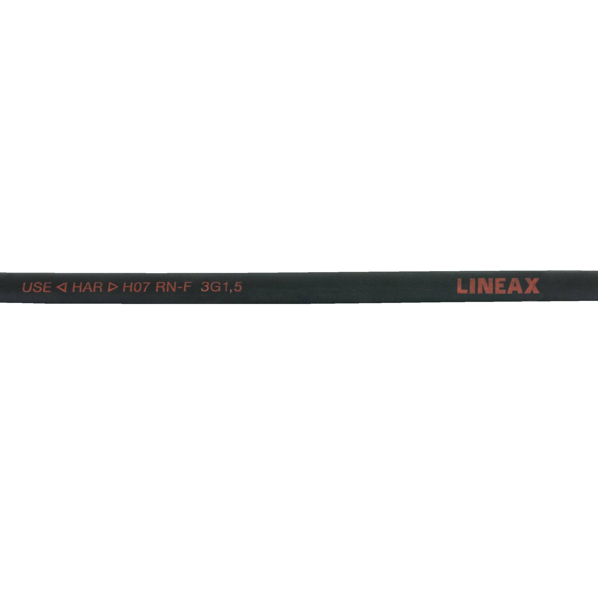 Ein schwarzes Kabel mit der Beschriftung 'LINEAX, USE  H07 RN-F 3G1.5', das seine Spezifikation und Markenbezeichnung angibt.