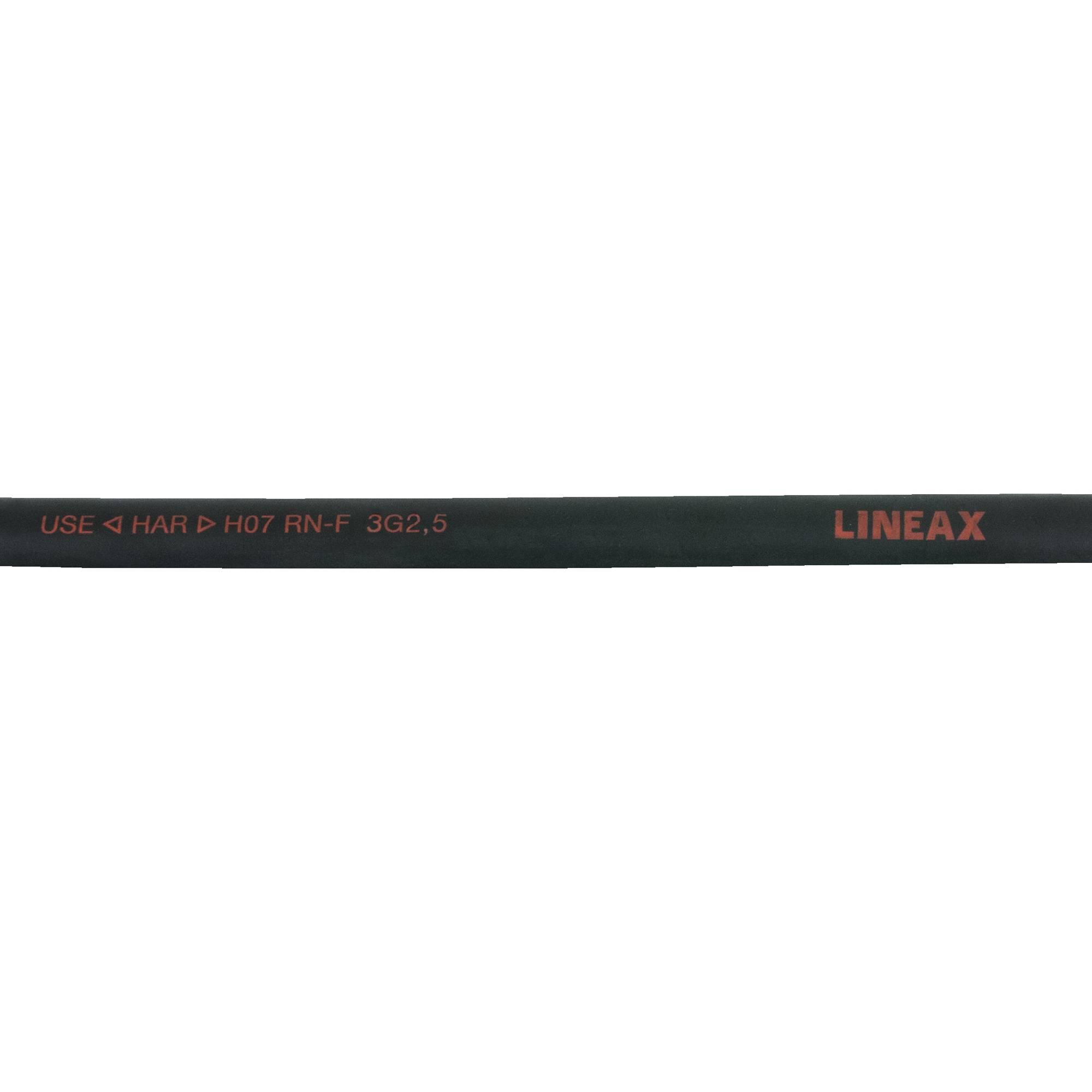 LINEAX' schwarzes Elektrokabel mit Beschriftung 'USE <HAR> H07 RN-F 3G2.5'.