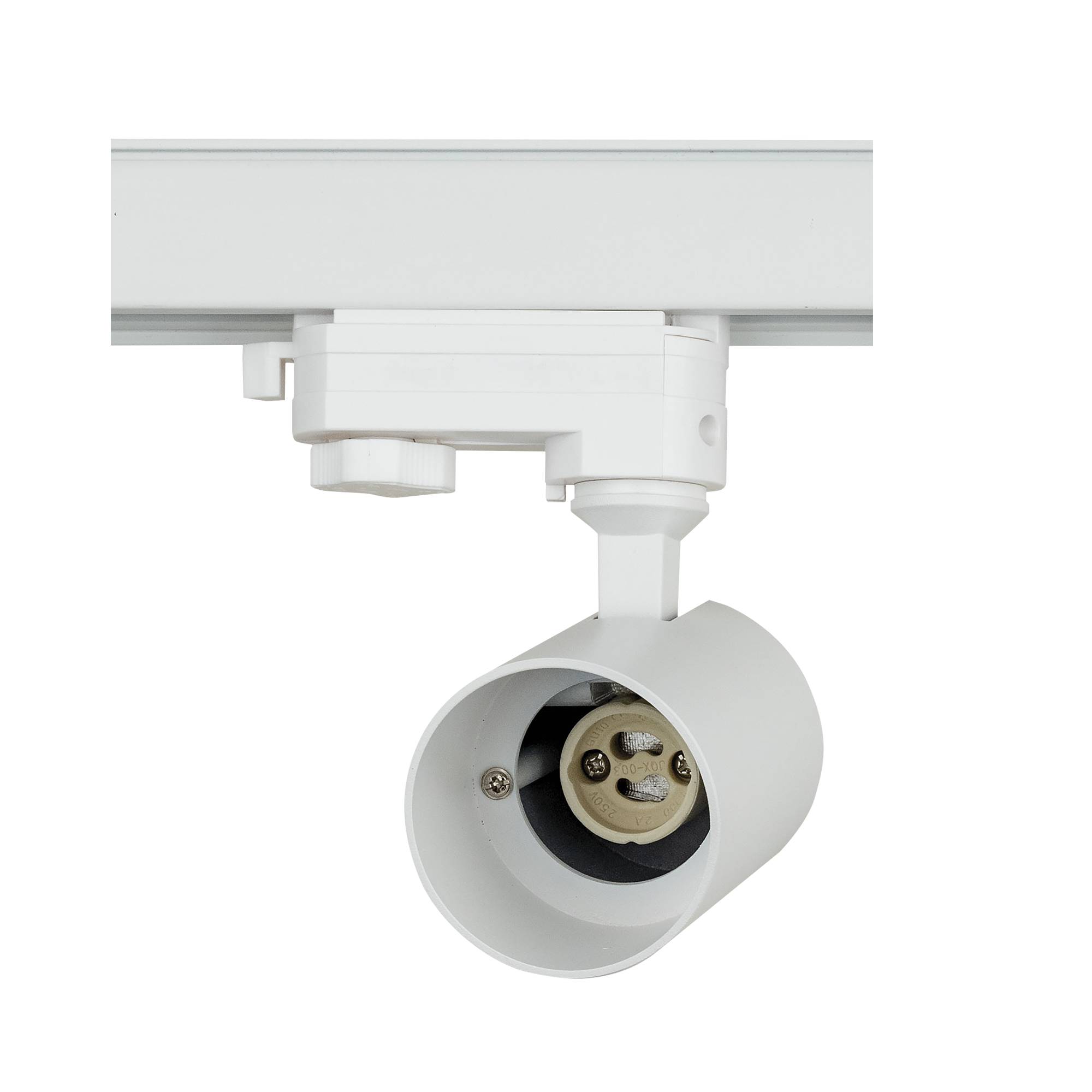 Eine weiße, an der Decke montierte Schienenlichtanlage mit offener Fassung, die vor einem schwarzen Hintergrund positioniert ist.