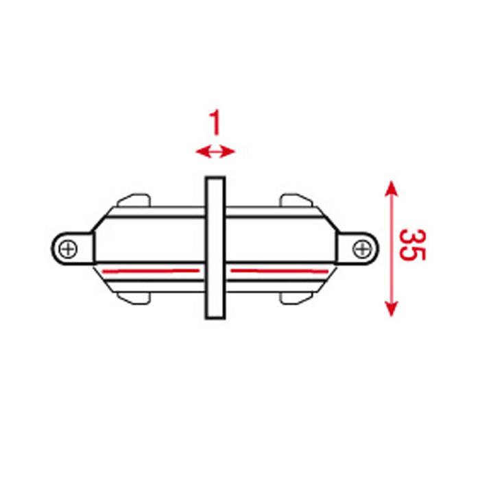 Diagramm einer mechanischen Vorrichtung mit zwei Schrauben auf jeder Seite. Pfeile zeigen eine Breite von '1' und eine Höhe von '35'.