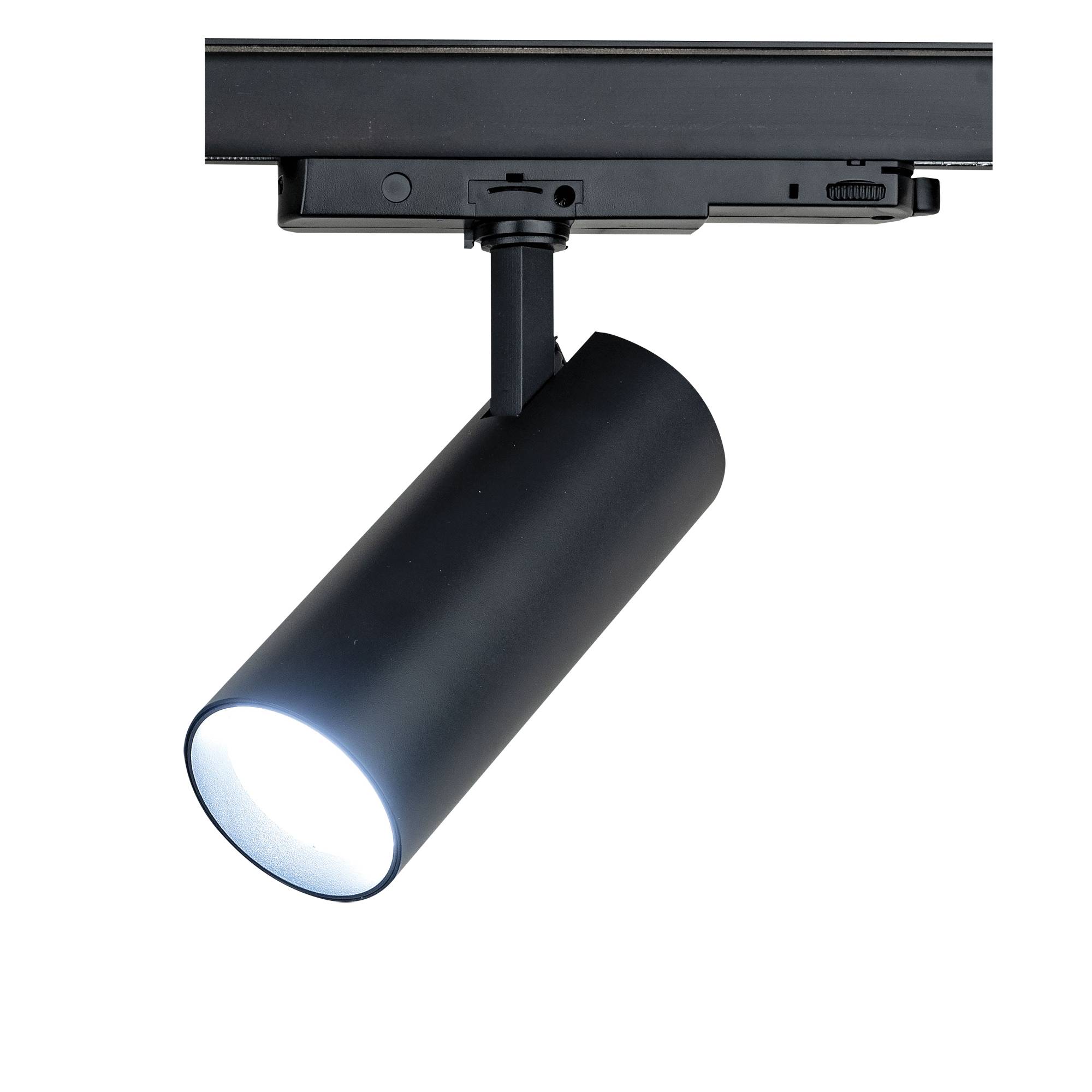 Schwarze Schienenstrahlerleuchte mit einem zylindrischen Scheinwerfer, der helles weißes Licht abstrahlt und auf einem Deckenschienensystem montiert ist.