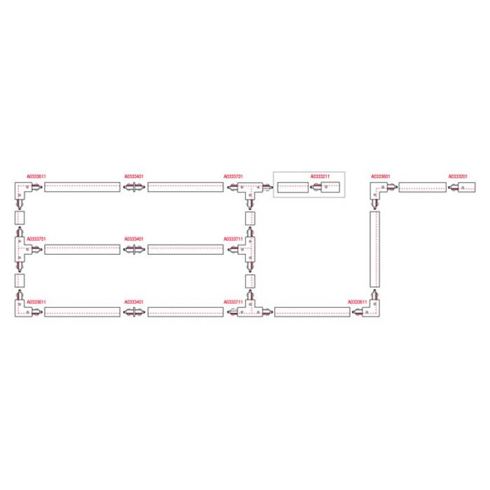 Rohrleitungsdiagramm mit mehreren L-förmigen Rohrabschnitten, die in einem Gitterlayout verbunden sind, wobei jeder Abschnitt mit eindeutigen alphanumerischen Codes gekennzeichnet ist.