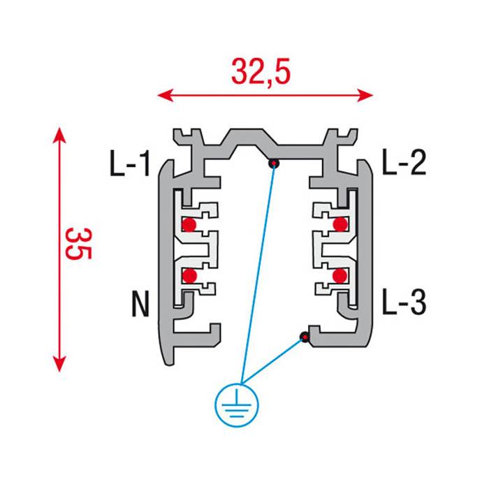 Elektrische Komponentenschaltung mit beschrifteten Abschnitten L-1, L-2, L-3 und N, verbunden mit einem Massesymbol. Abmessungen: 32,5 x 35.