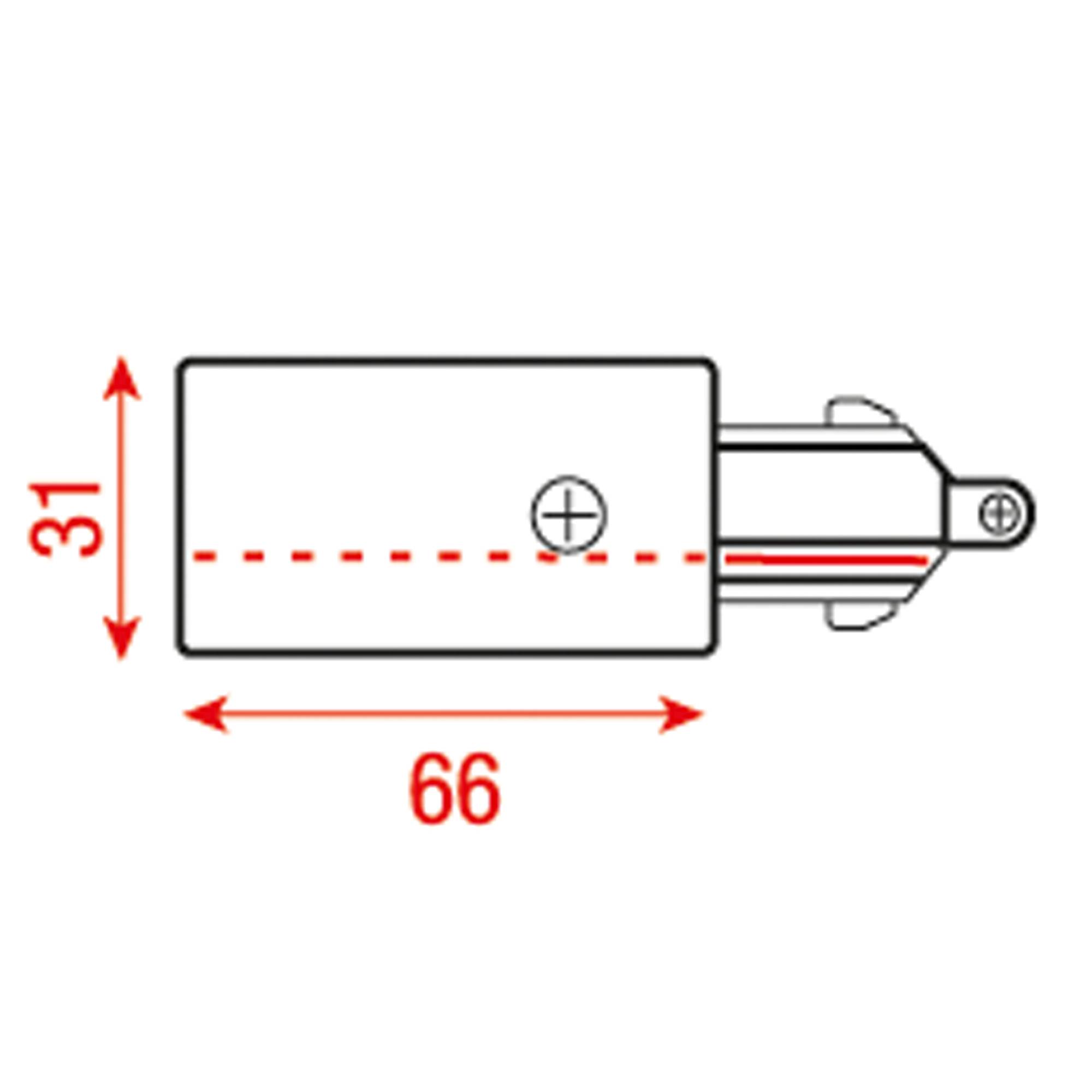 Sicherungshalter-Diagramm mit Abmessungen: Länge 66 mm, Höhe 31 mm, mit hervorgehobener roter gestrichelter Linie.