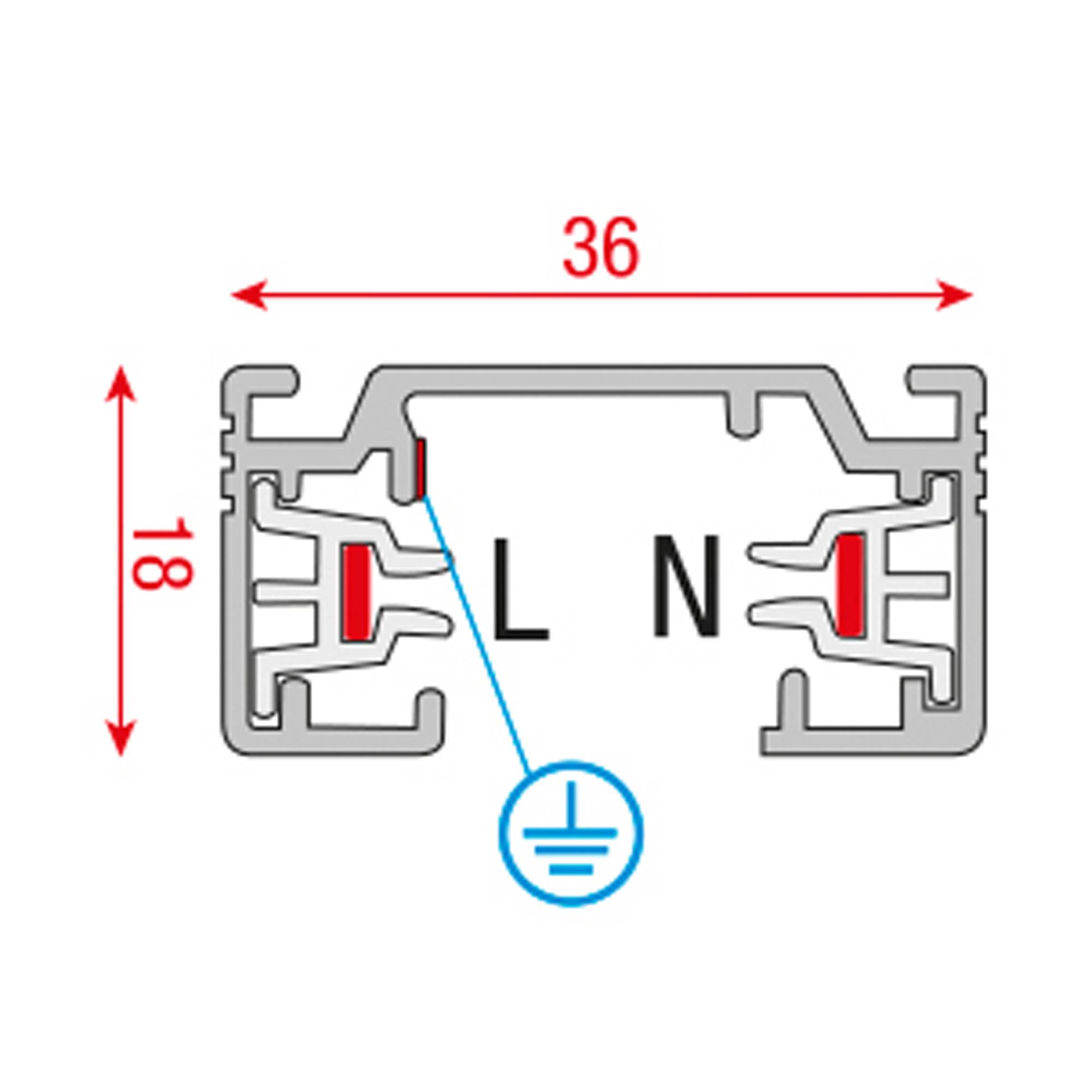 Querschnittsdiagramm eines elektrischen Steckverbinders mit markierten Beschriftungen 'L', 'N' und einem Massesymbol, das Abmessungen von 36 mal 18 Einheiten zeigt.