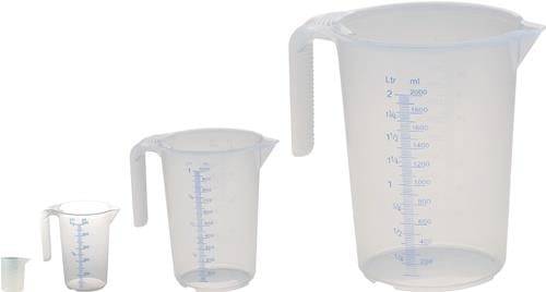 Zwei transparente Messbecher mit blauen metrischen und angloamerikanischen Maßangaben; der größere Becher verfügt über einen Henkel und einen Ausguss.