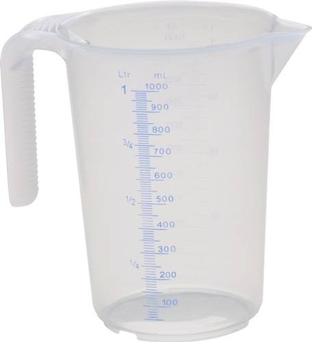 Durchsichtiger Messbehälter mit Griff und Ausgießer, mit Liter- und Milliliterskalen bis 1000 ml gekennzeichnet.