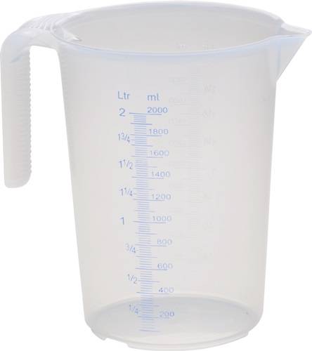 Transparenter Messbehälter aus Kunststoff mit Griff und Ausgießer, mit Markierungen in Litern und Millilitern bis 2 L / 2000 ml.