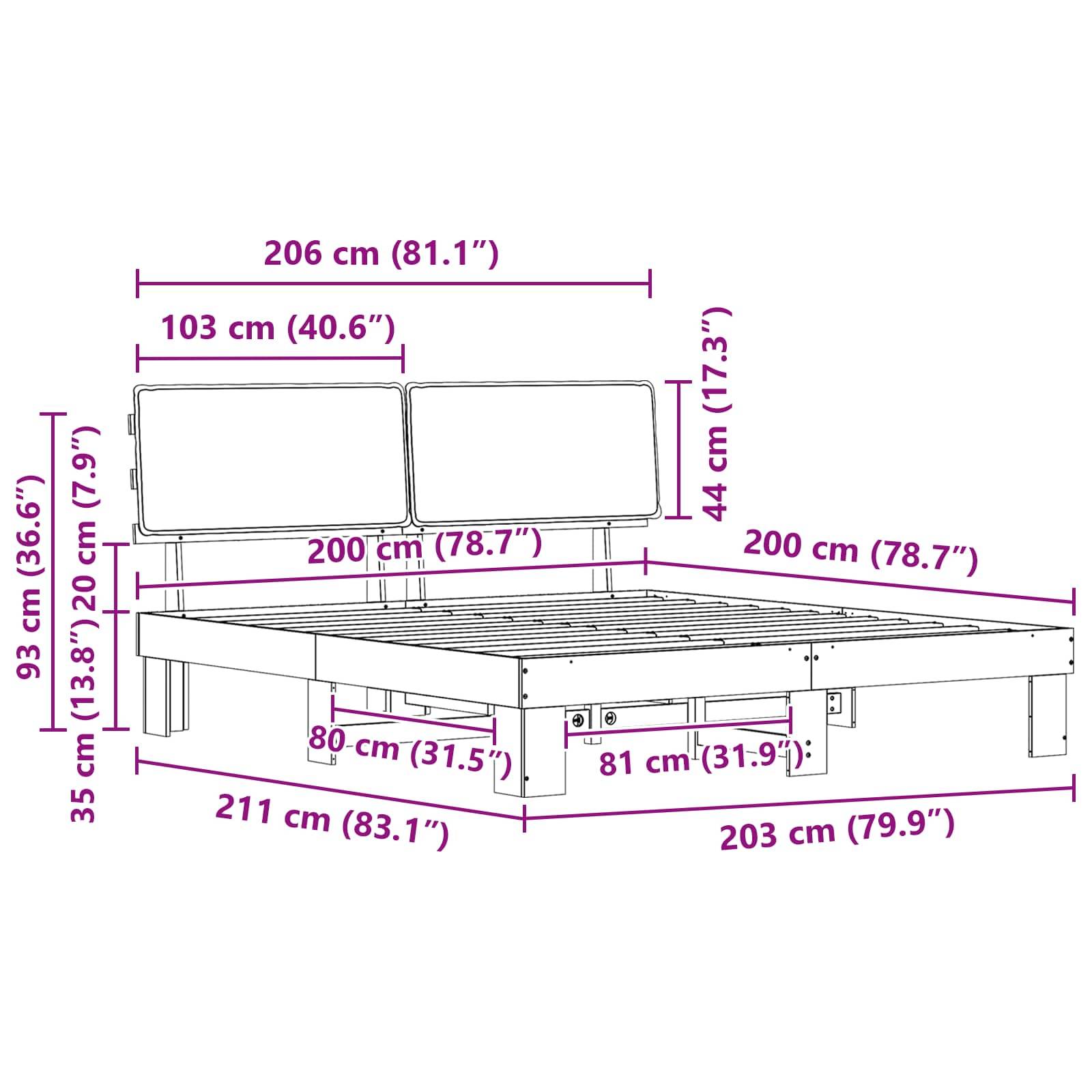 Ein Bettrahmen-Schema mit Maßen: Breite 206 cm, Länge 211 cm, Kopfteilhöhe 93 cm, Liegeflächengröße 200x200 cm, Fußhöhe 35 cm.