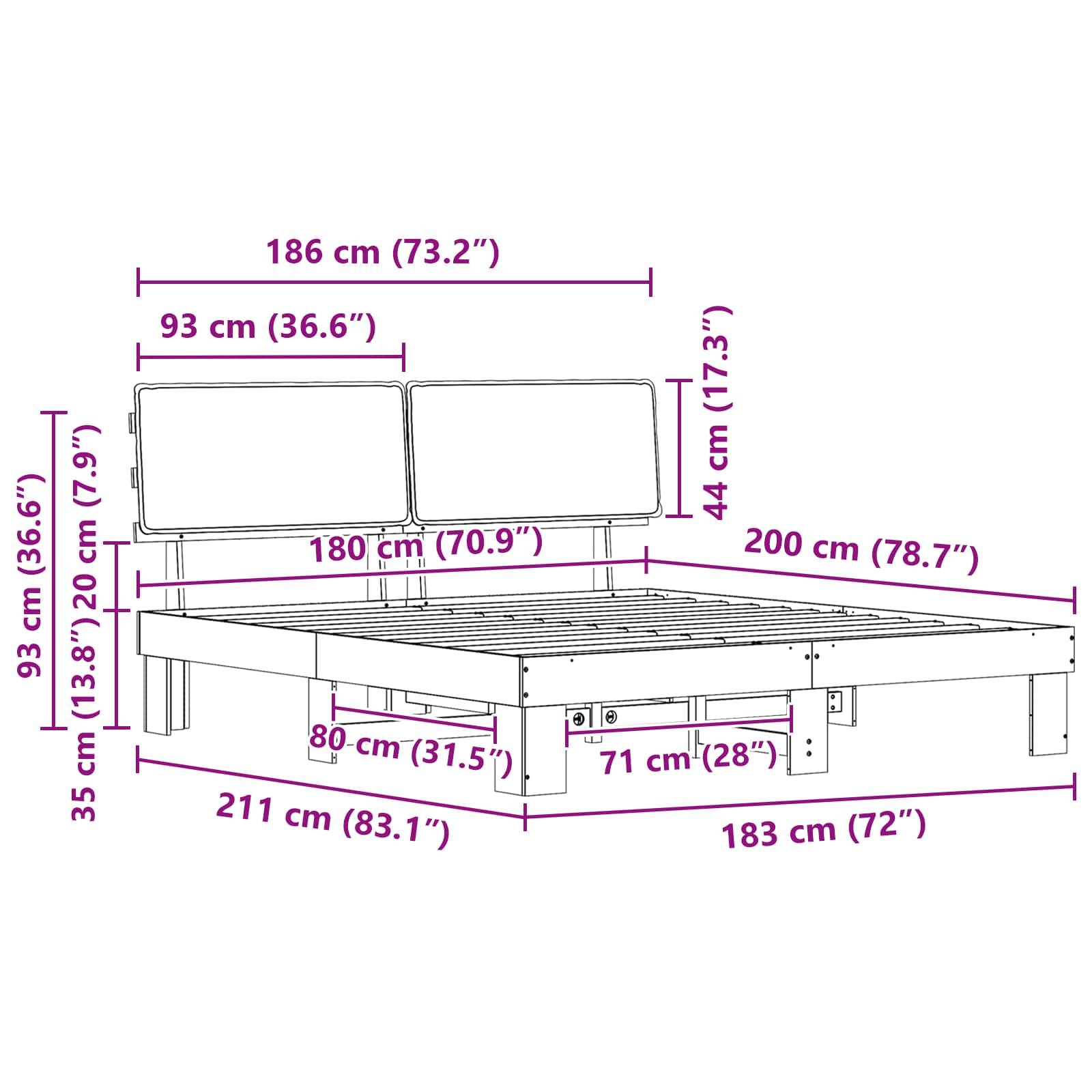 Plattformbett mit beschrifteten Abmessungen: Breite 186 cm, Länge 211 cm. Kopfteilhöhe 93 cm, Betthöhe 35 cm bis 44 cm. Matratzengröße 200 cm.