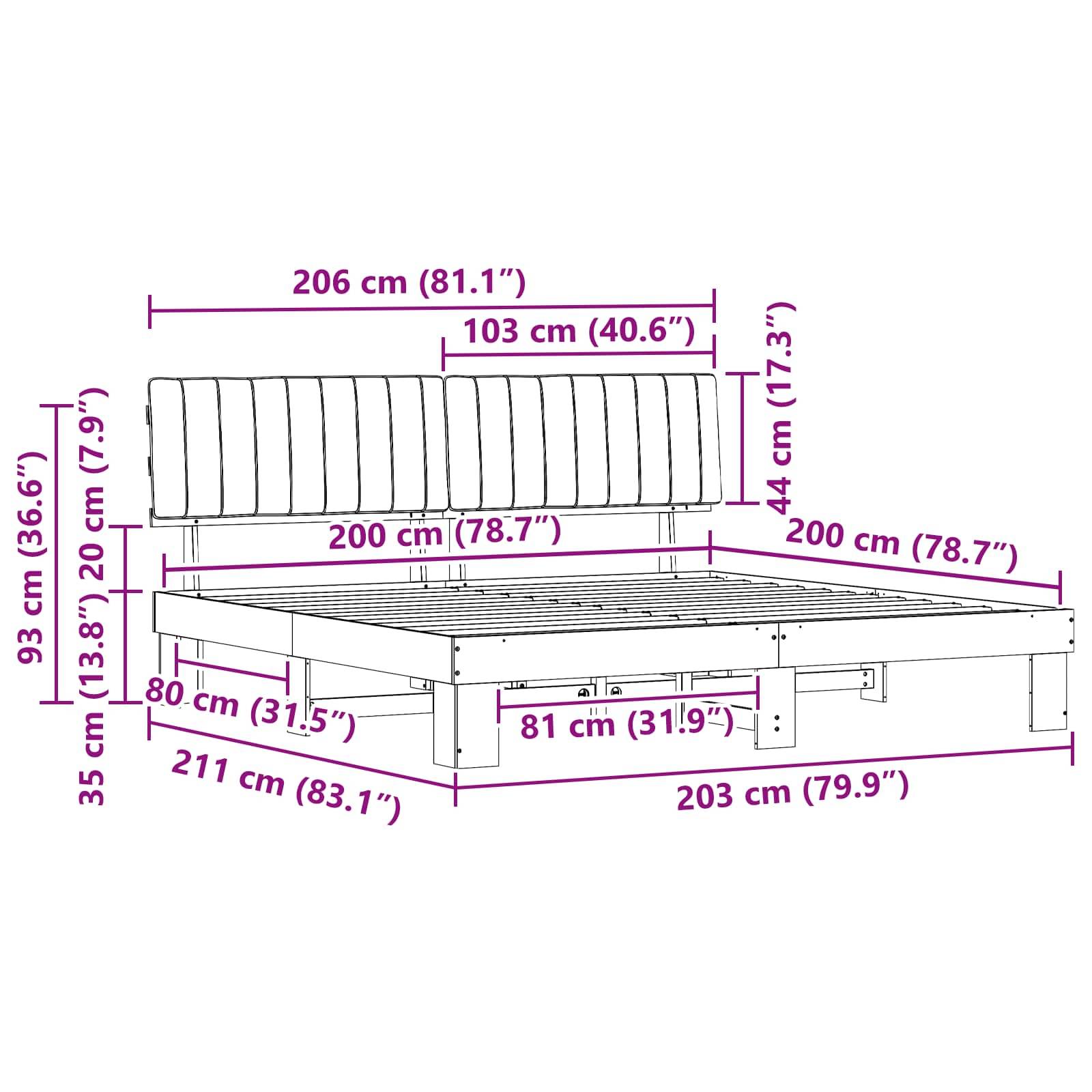 Bettgestell mit Maßen: Länge 206 cm (81,1
