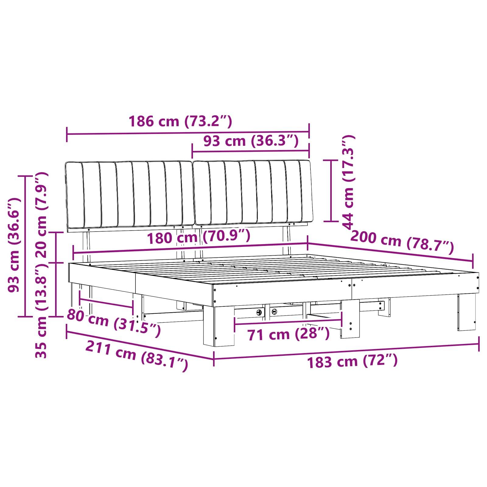 Maße eines Bettgestells mit Kopfteil: Höhe 93 cm, Breite 186 cm, Tiefe 211 cm. Enthält Matratzenbereich und Schubladdengröße.