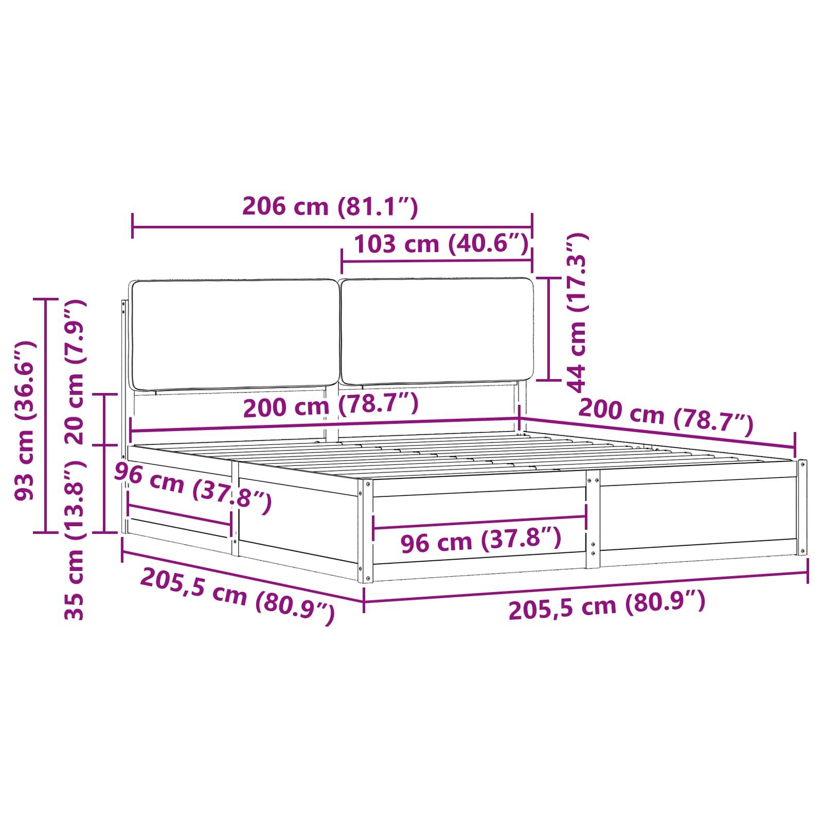 Bettrahmenabmessungen: Länge 205,5 cm, Breite 206 cm, Höhe 35 cm. Kopfbretthöhe: 103 cm. Liegebereich: 200 cm x 200 cm.