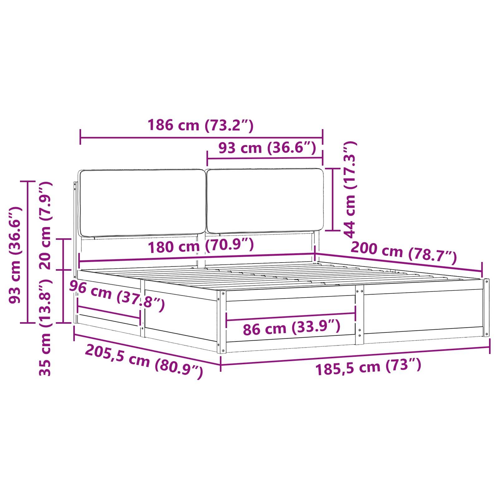 Bettrahmen-Abmessungen: Breite 186 cm (73,2