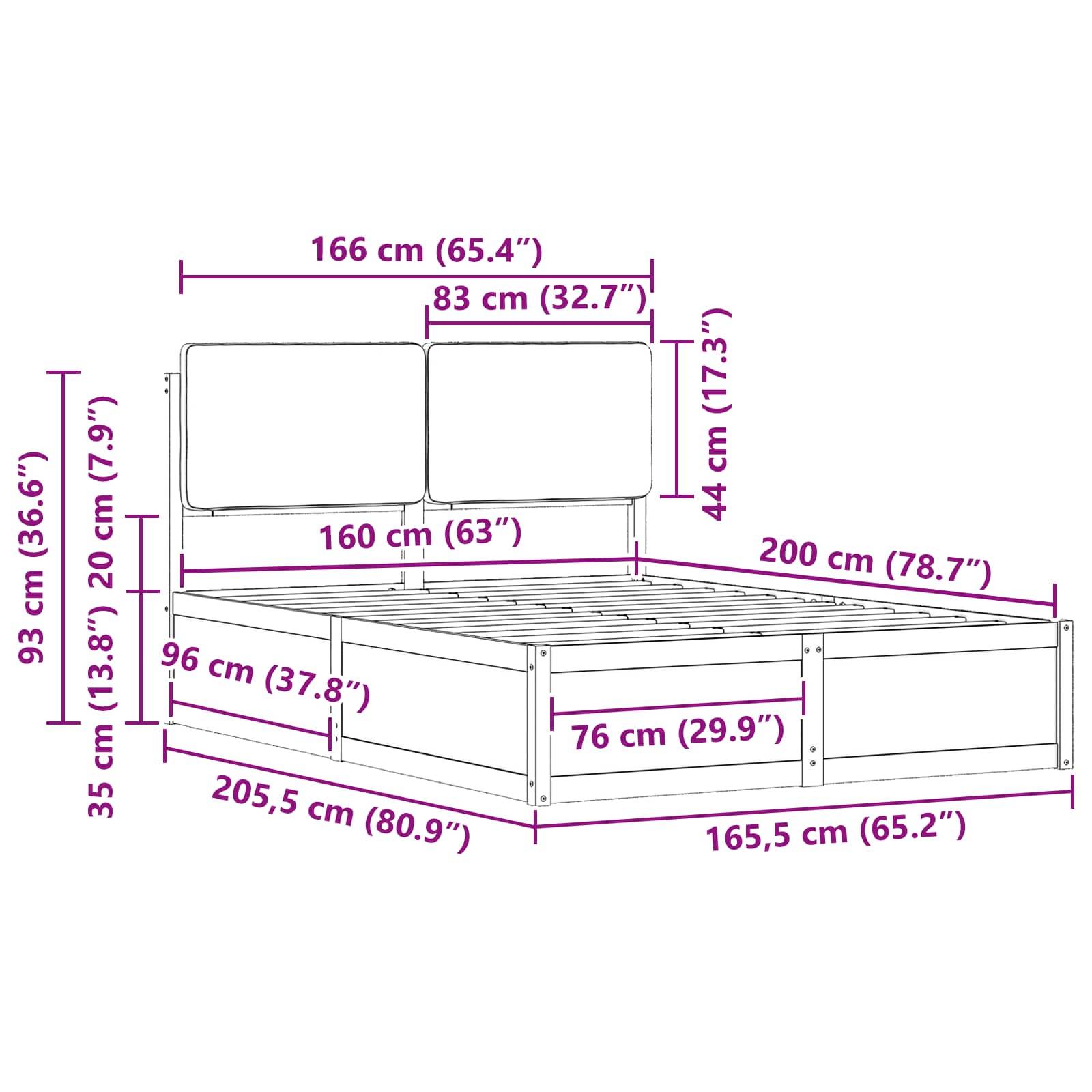 Eine Skizze eines Bettgestells mit beschrifteten Abmessungen: Breite 166 cm, Länge 205,5 cm und Höhe 96 cm bei einer Kopfteilhöhe von 100 cm.