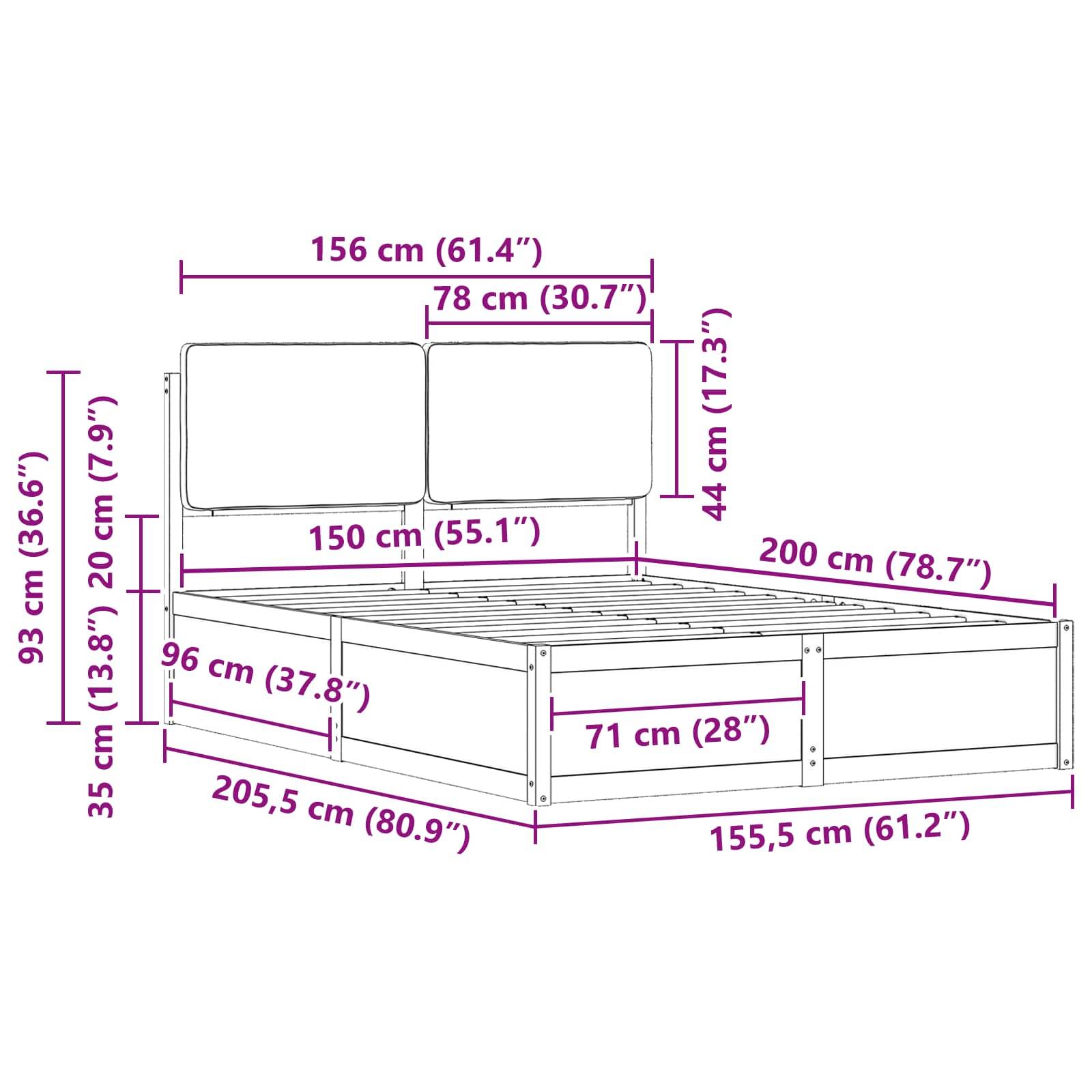 Abmessungen eines Bettes: Länge 200 cm (78,7 Zoll), Breite 156 cm (61,4 Zoll), mit 35 cm (13,8 Zoll) Höhe vom Boden.