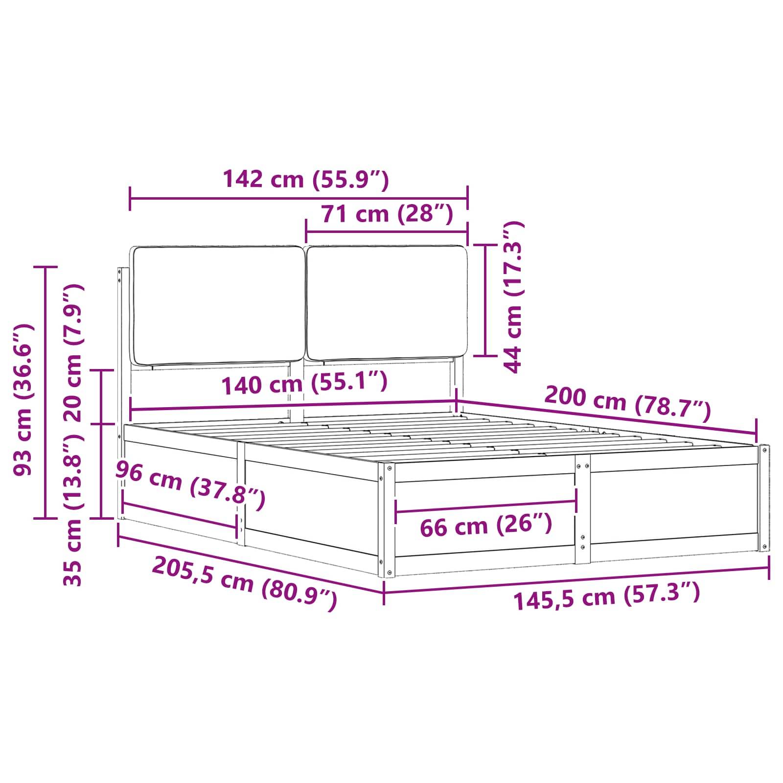 Darstellung eines Bettgestells mit beschrifteten Abmessungen: Breite 142 cm (55,9