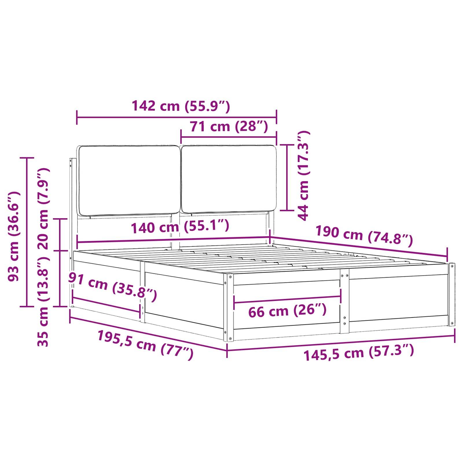 Bettrahmen-Diagramm mit detaillierten Maßangaben in Zentimetern und Zoll, das die Höhe, Breite und Länge aus verschiedenen Perspektiven zeigt.
