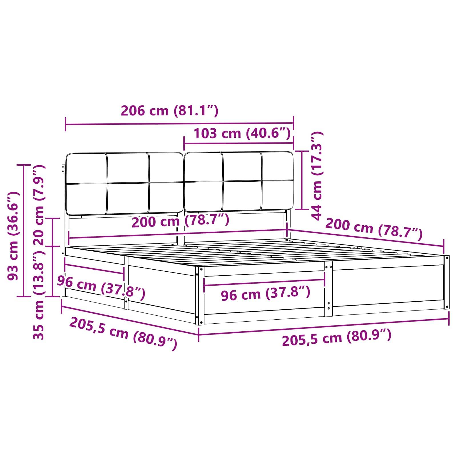 Diagramm eines Bettgestells mit Maßen: Länge 206 cm (81,1