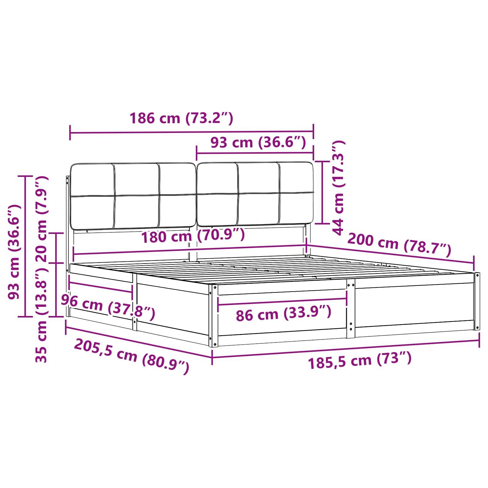 Illustration eines Bettgestells mit Maßen: Höhe 39 cm, Breite 186 cm, Länge 205,5 cm. Kopfteilhöhe 93 cm, Breite 186 cm.