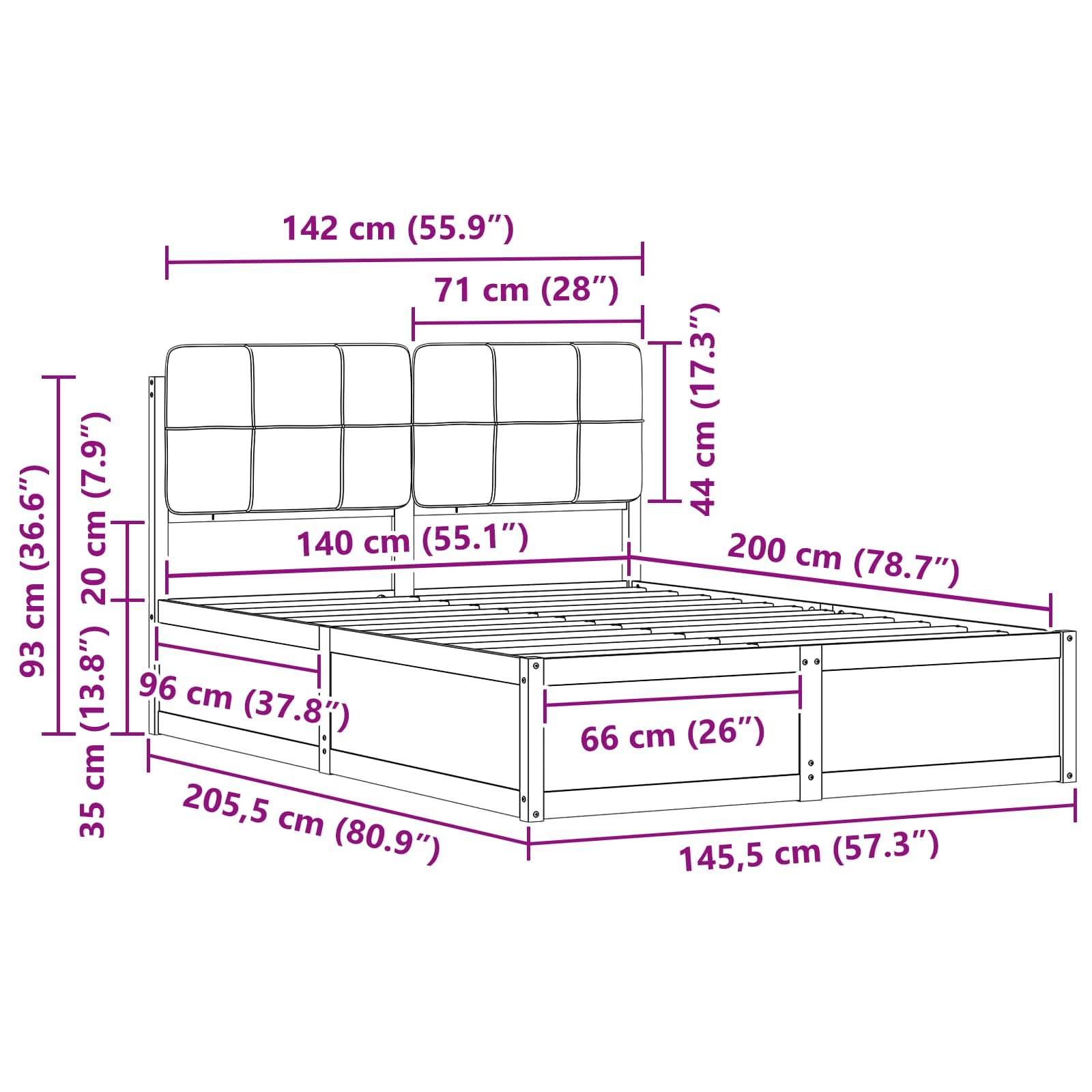 Bettrahmen-Schema mit Maßen. Breite: 142 cm (55,9