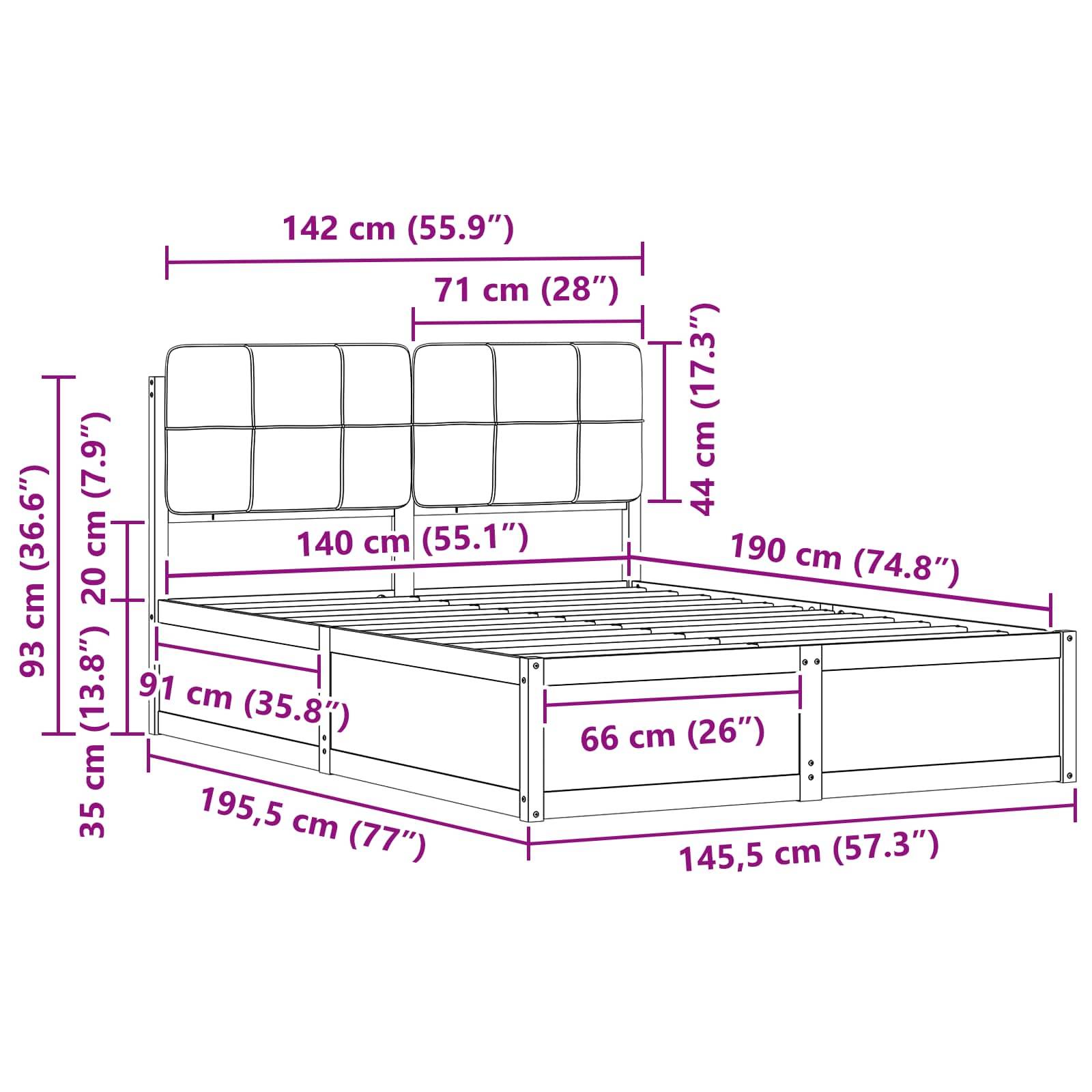 Diagramm eines Bettgestells mit in Zentimetern und Zoll beschrifteten Abmessungen: Länge 195,5 cm (77 Zoll), Breite 142 cm (55,9 Zoll), Höhe 93 cm (36,6 Zoll).