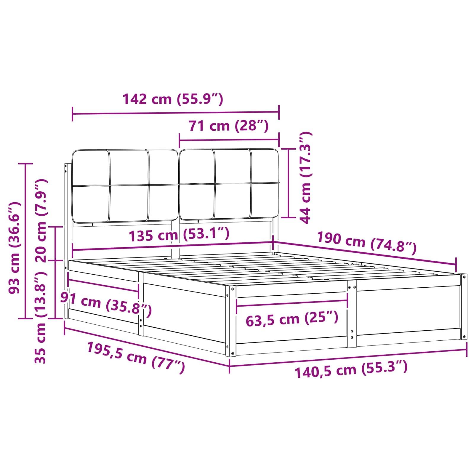 Diagramm eines Bettgestells mit Abmessungen: Breite 135 cm (53,1