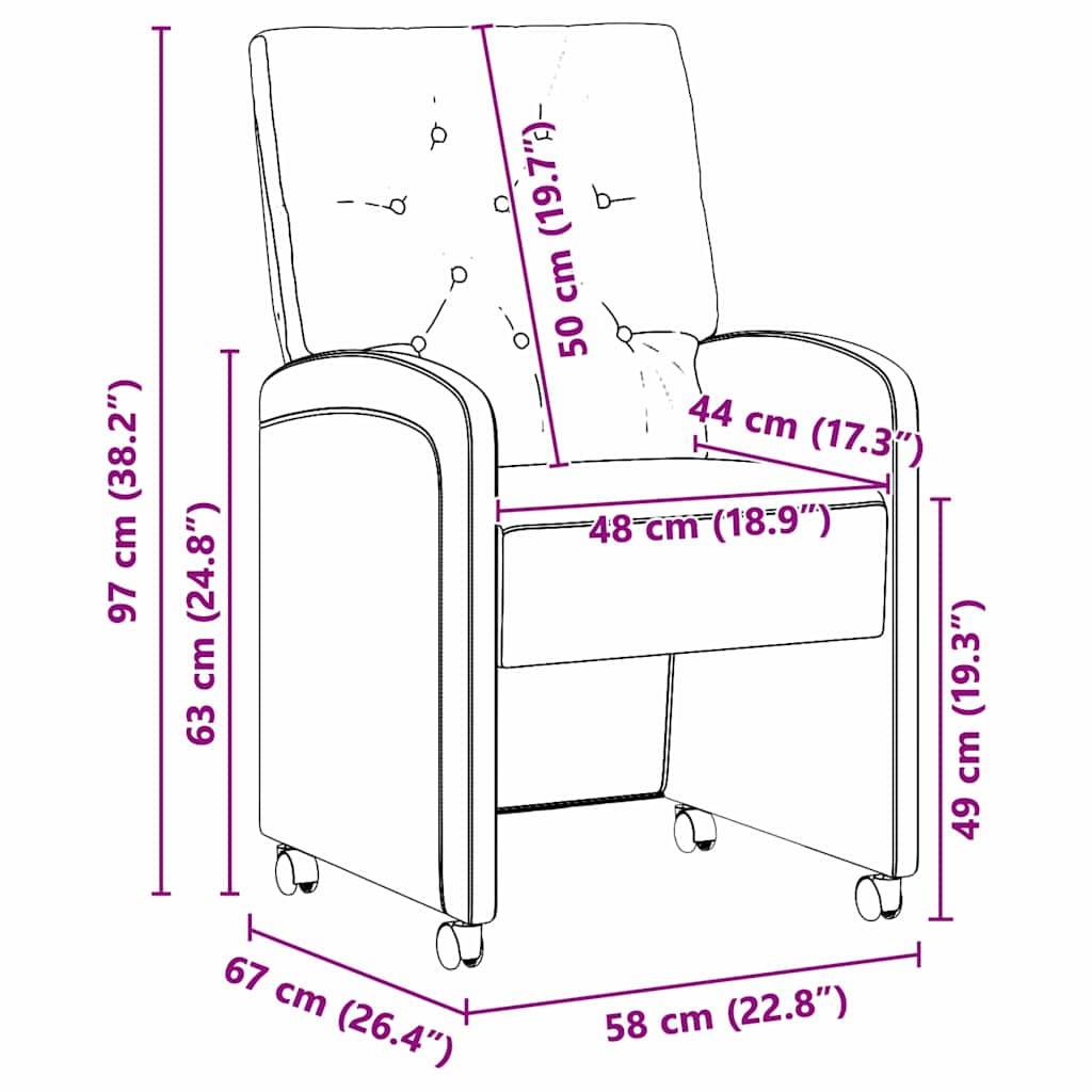 Stuhldimensionen: Höhe 97 cm, Sitzbreite 48 cm, Sitztiefe 58 cm. Enthält beschriftete Maße in Zentimetern und Zoll.