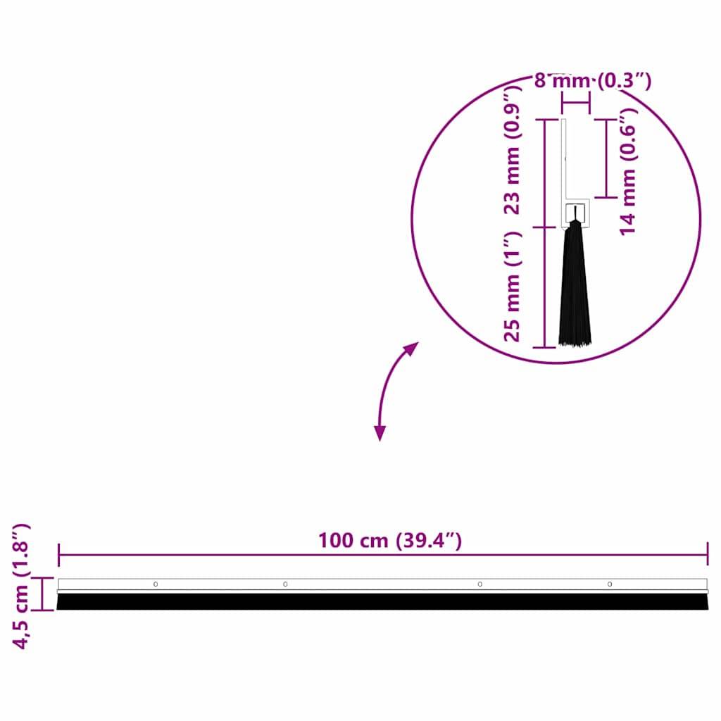 Türdichtung Abmessungen: Gesamtlänge 100 cm (39,4 Zoll), Tiefe 4,5 cm (1,8 Zoll), Bürstenlänge 25 mm (1 Zoll) und Bürstenbreite 14 mm (0,6 Zoll).