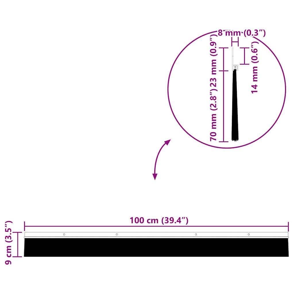 Eine Grafik, die einen schwarzen Streifen zeigt, der mit 100 cm (39,4 Zoll) Länge und 9 cm (3,5 Zoll) Höhe beschriftet ist, mit einer Detailansicht, die einen Ausschnitt vergrößert darstellt, der 8 mm (0,3 Zoll) dick und 14 mm (0,6 Zoll) hoch ist.