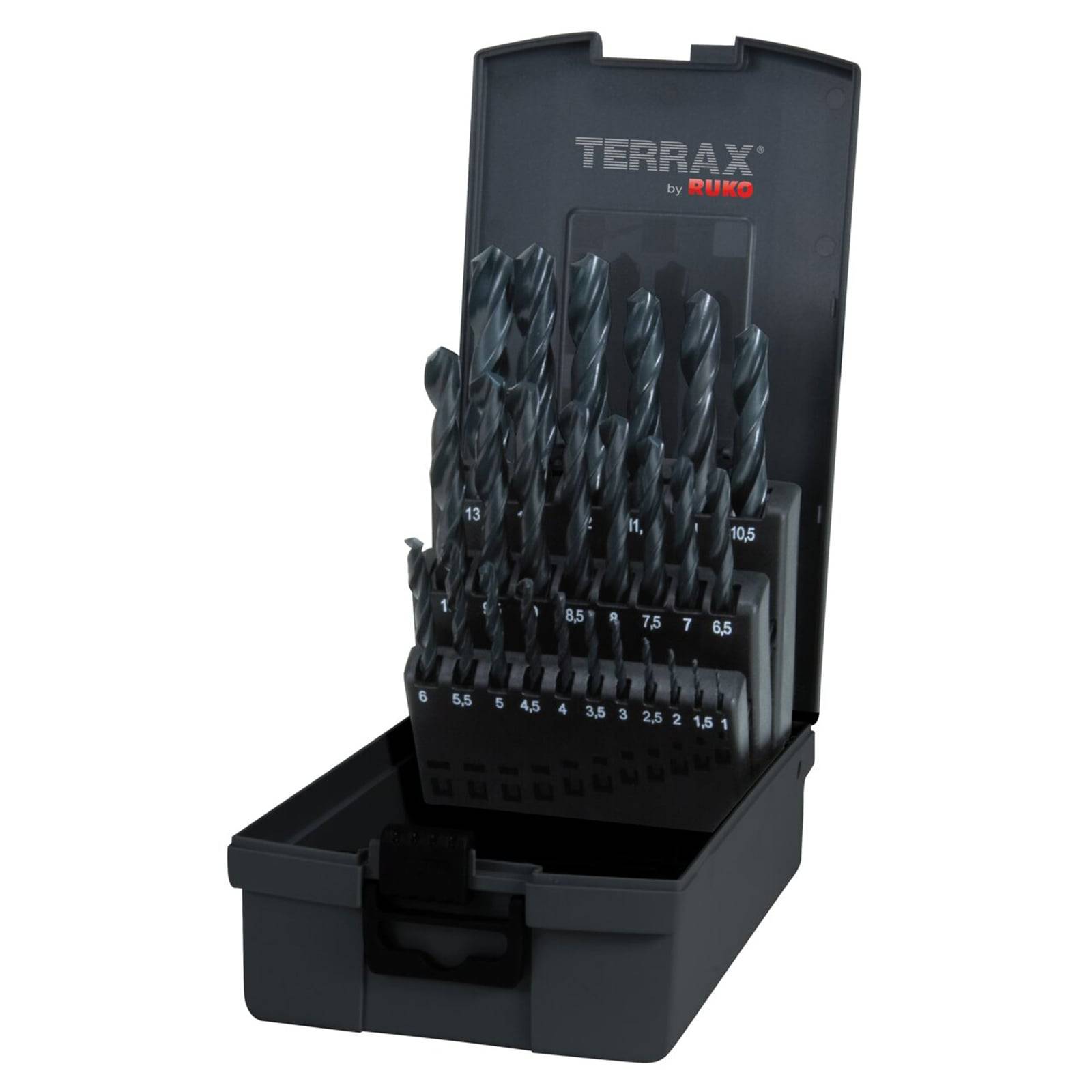 Eine schwarze Kunststoffbox, geöffnet, zeigt einen Satz Spiralbohrer in verschiedenen Größen, nach metrischen Maßen beschriftet, in Reihen angeordnet.