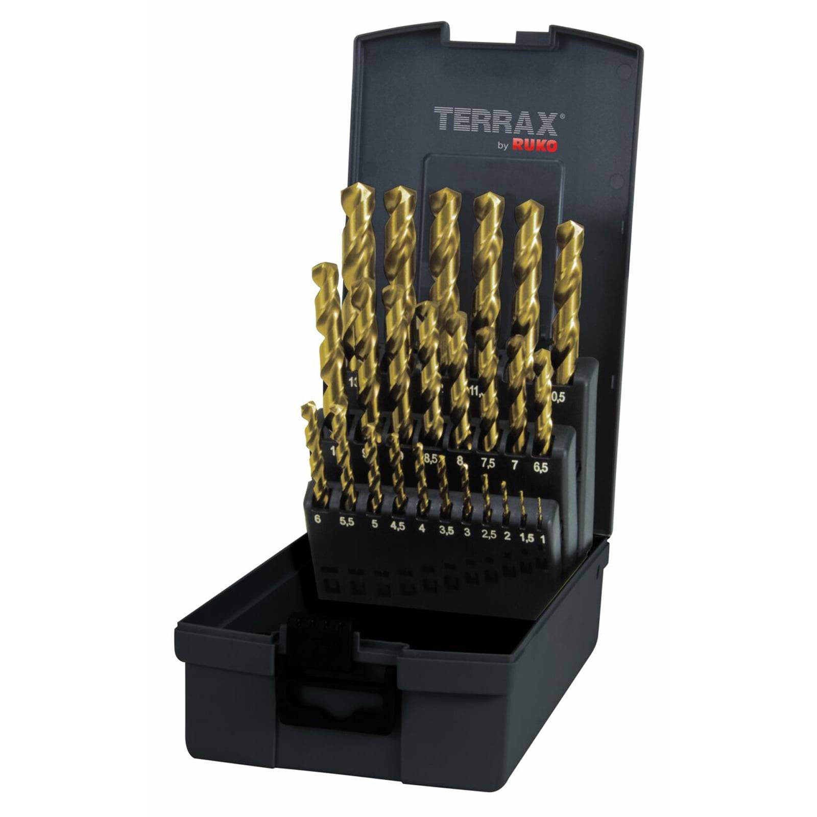 Ein Satz von 19 goldfarbenen Bohrern in einem offenen schwarzen Etui, mit Durchmessern von 1 mm bis 10 mm, in aufsteigender Reihenfolge angeordnet.