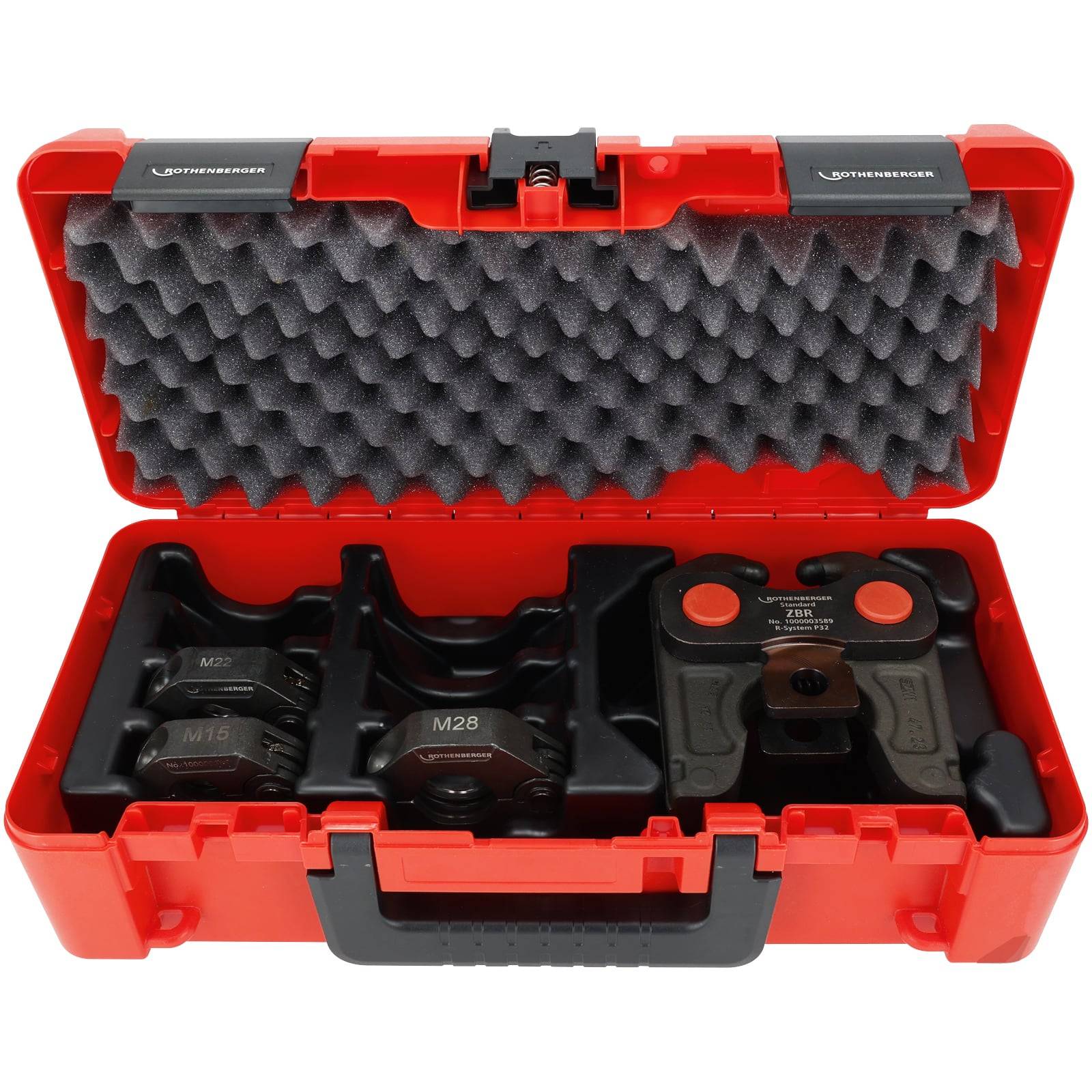 Rote Kunststoffbox mit Schaumstoffauskleidung, die verschiedene schwarze Metallwerkzeuge mit Maßangaben enthält, verwendet für Klempnerarbeiten oder Rohrleitungsmontage.