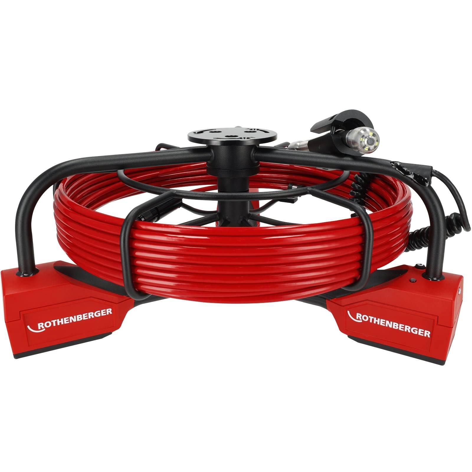 Eine aufgewickelte rote Rohrleitung auf einem Ständer mit zwei roten Blöcken, die mit 