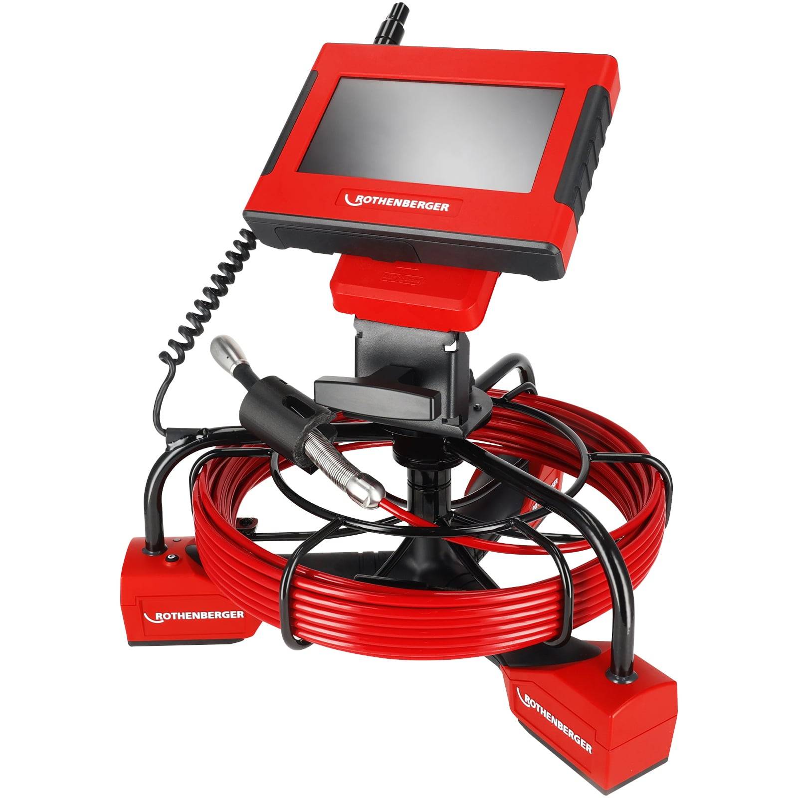 Ein rotes Inspektionskamerasystem mit einer gewickelten Kabel, montiertem Monitor und Steuergriff, verwendet für Sanitär- oder Lüftungskanalinspektionen.