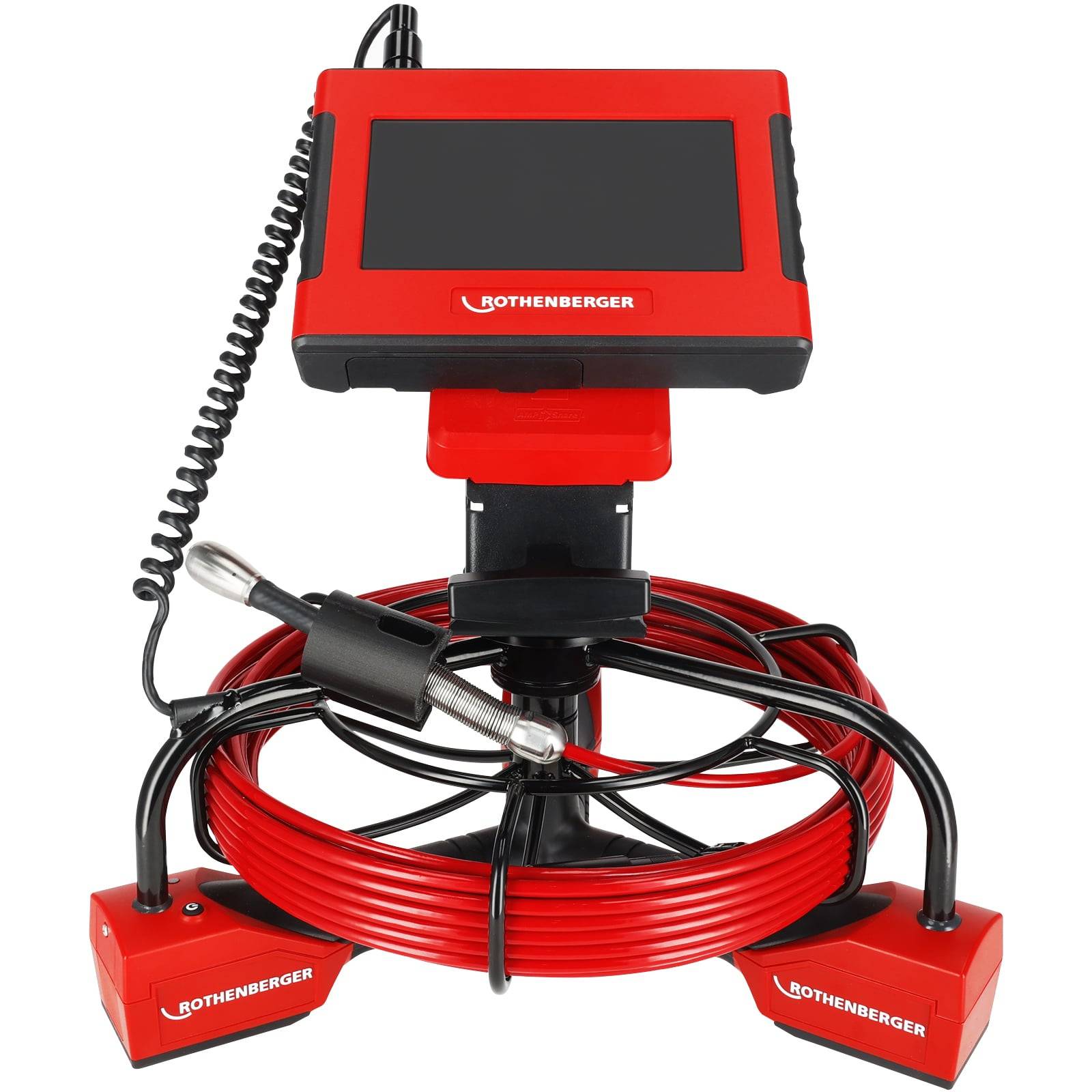 Eine rote Rothenberger Inspektionskamera mit Monitor und aufgerolltem Kabel, die zur Untersuchung von Rohrleitungen oder schwer zugänglichen Bereichen verwendet wird.