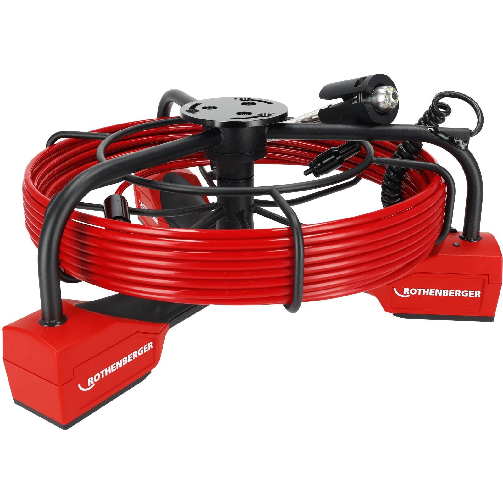 Rothenberger-Rohrreinigungsmaschine mit rotem Spiralkabel, schwarzem Griff und Montageplattform, die für Rohrverstopfungsaufgaben verwendet wird.