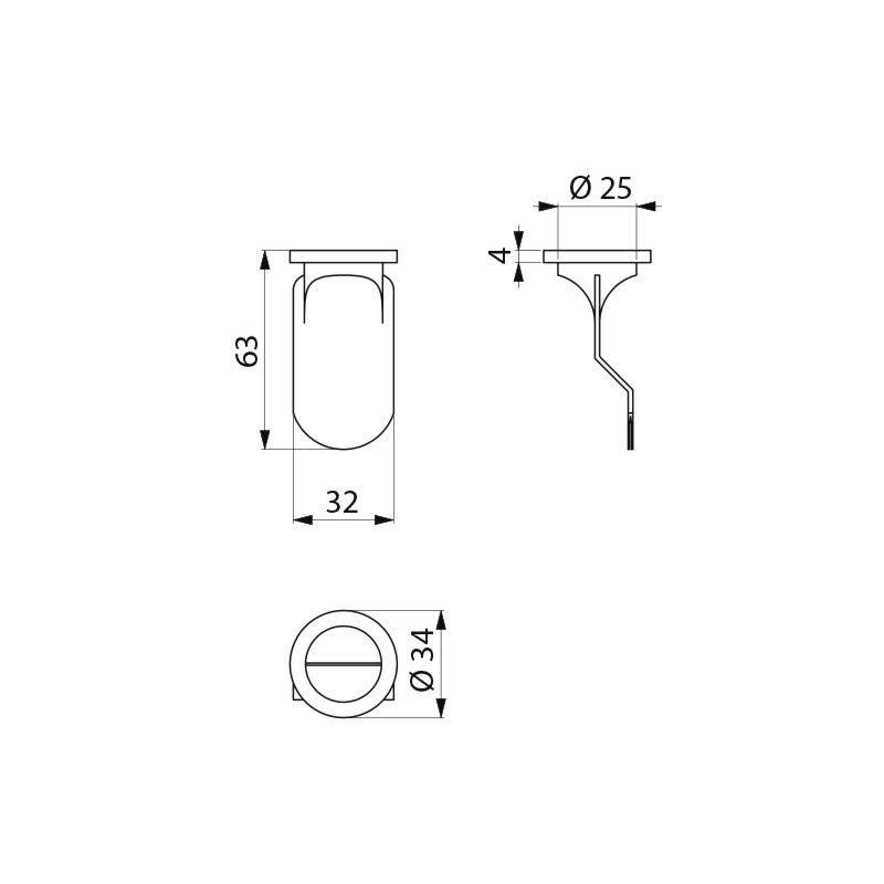 Technische Zeichnung eines zylindrischen Objekts mit Abmessungen: Höhe 63 mm, Breite 32 mm, oberer Durchmesser 25 mm, untere Dicke 4 mm.