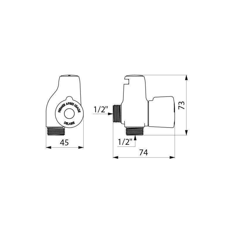 Delabie Absperrventil G1/2 m. Rohrtrenner, mit Oberteil 1/4-Drehung
