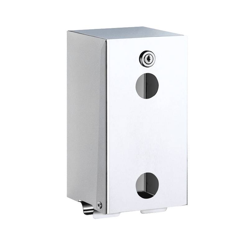 Wandmontierter, Edelstahl-Spender mit einem Schloss und kreisförmigen Aussparungen zur Einsichtnahme der Inhalte, konzipiert für den kommerziellen Einsatz.