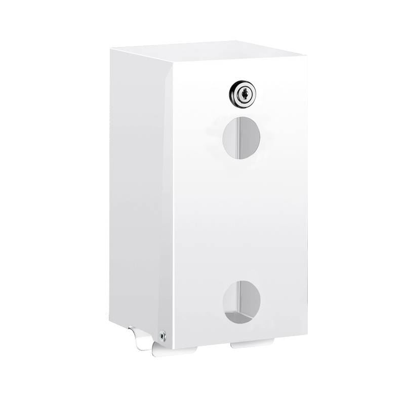 Ein weißer, wandmontierter rechteckiger Spender mit zwei kreisförmigen Öffnungen und einem Schloss am oberen Ende, der für Einliter-Desinfektionsmittelflaschen konzipiert ist.