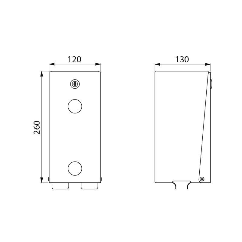 Technische Zeichnung einer rechteckigen Box mit Abmessungen: Höhe 260, Breite 120 und Tiefe 130. Enthält kreisförmige Indikatoren.