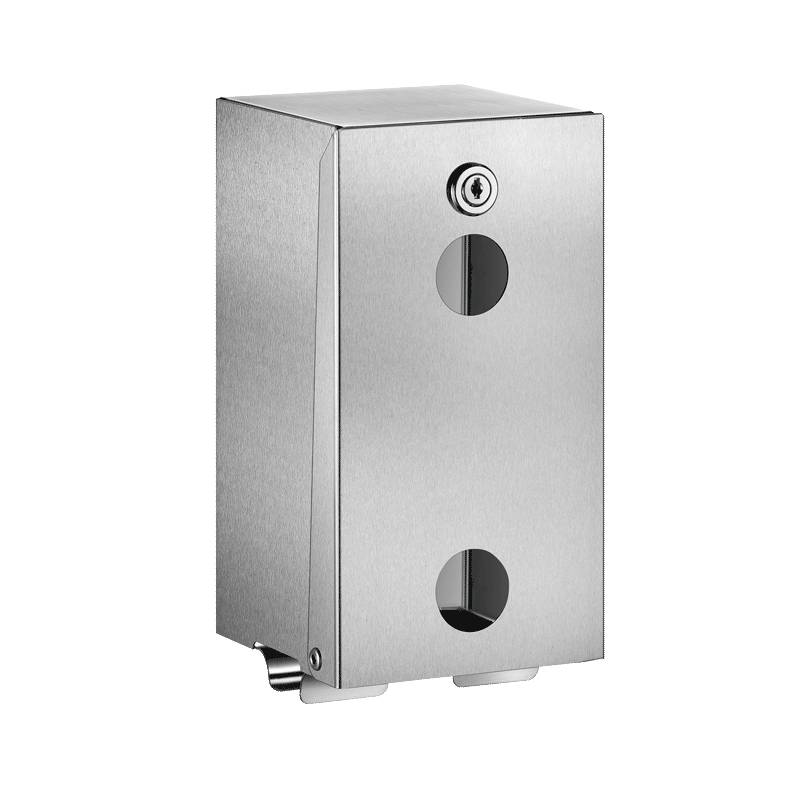 Ein wandmontierter Spender aus Edelstahl mit zwei kreisrunden Öffnungen, der zum Halten und Ausgeben von Gegenständen dient, vor einem schwarzen Hintergrund.