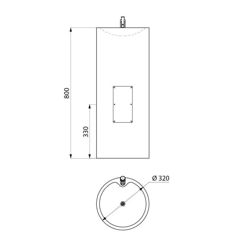 Technische Zeichnung mit Abmessungen eines zylindrischen Objekts; Höhe 800 mm, Breite 330 mm, Durchmesser oben Ø 320 mm.