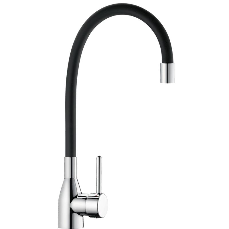 Ein schlanker, moderner Küchenarmatur mit einem hochbogigen, mattschwarzen Auslauf und einem Einhebel-Griff, der sich perfekt für zeitgenössische Küchendesigns eignet.