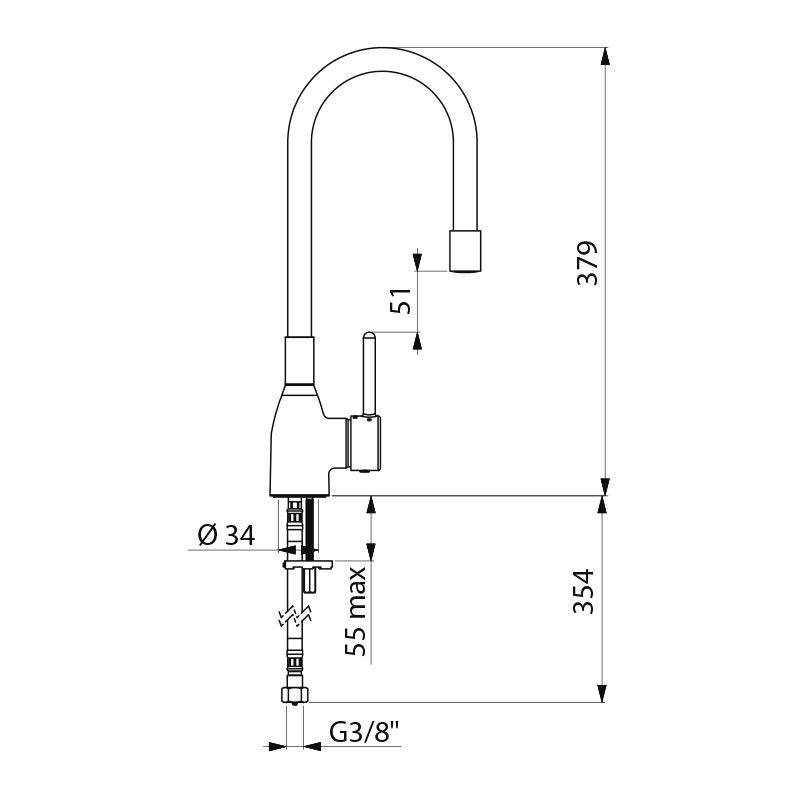 Technische Zeichnung eines Wasserhahns mit Maßen: Höhe 379 mm, Basisdurchmesser 34 mm, Auslaufhöhe 354 mm und Rohrgröße G3/8