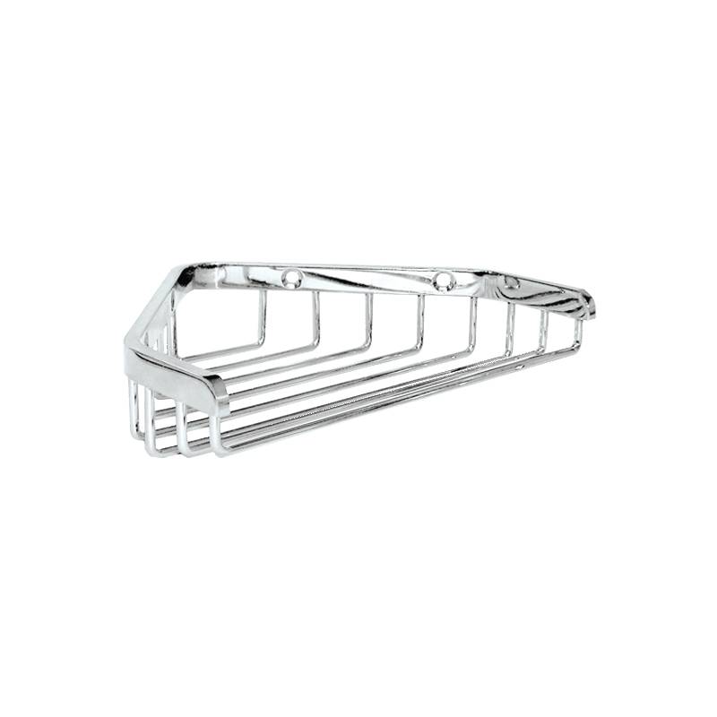 Verchromtes Eckduschregal mit mehreren Stangen zum Aufbewahren von Körperpflegeprodukten, das sich praktisch in eine Dueckenecke einfügen lässt.