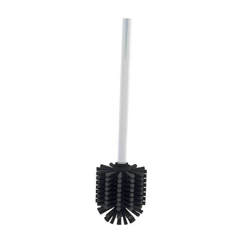 Eine Toilettenbürste mit schwarzen Borsten und einem weißen Griff, die zum Reinigen von Toiletten entwickelt wurde.