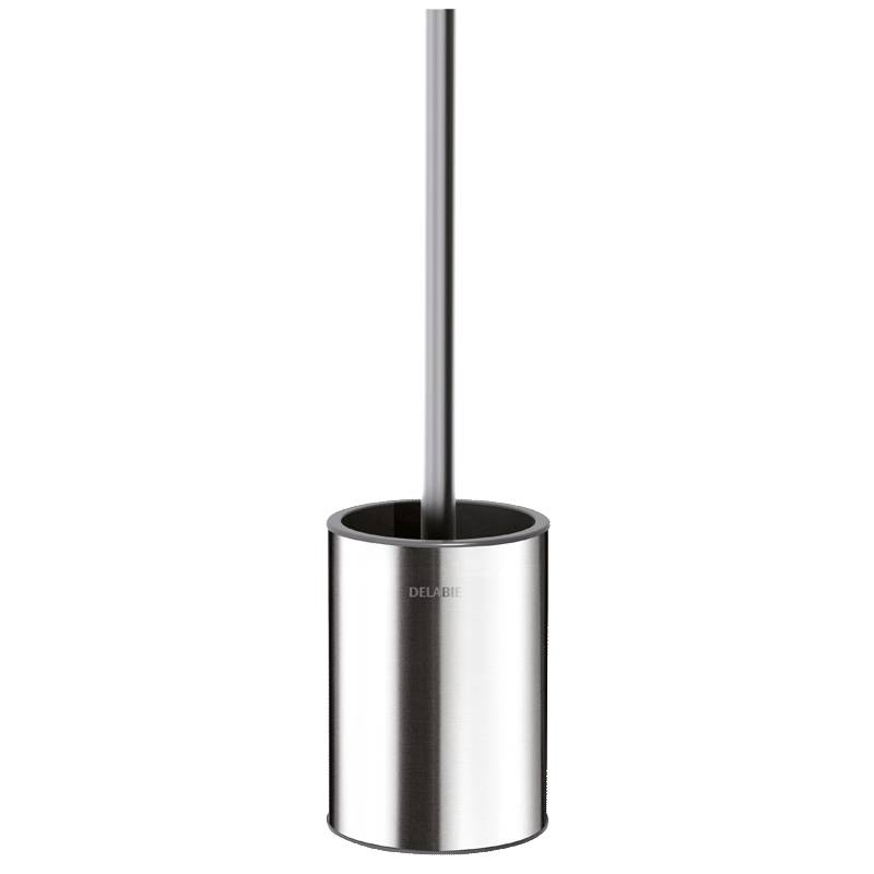 Edelstahl-Toilettenbürste mit einem zylindrischen Halter und einem langen Griff.