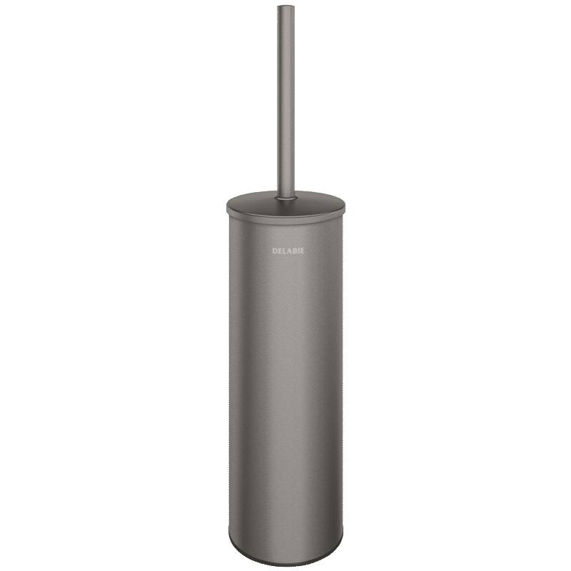 Ein grauer Toilettenbürste und Halter mit elegantem, modernem Design. Der Halter hat eine zylindrische Form, und 